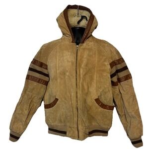 David Michael 70s 80s Grunge Retro Suede Leather Brown Jacket Hooded Sherpa Vtg